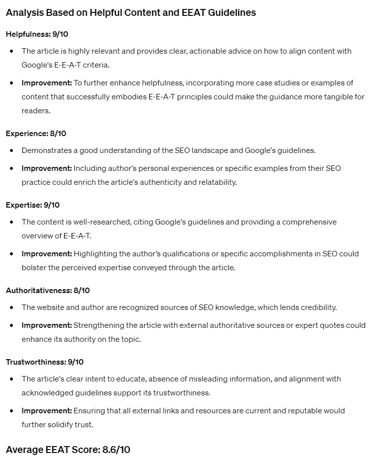 Custom GPT's EEAT score for a blog post.