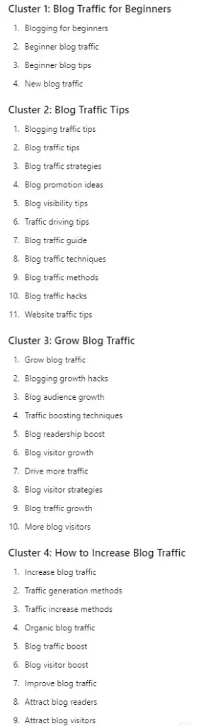 Result of ChatGPT prompt to generate clusters